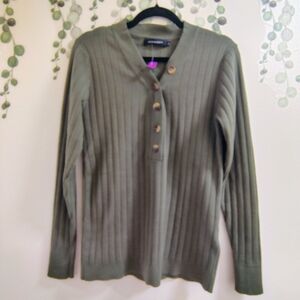 MEROKEETY Olive Green Ribbed Henley Sweater Size M